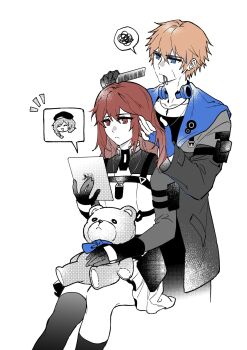 beizhi blonde_hair blue_eyes blue_gloves blue_jacket celica_(pgr) commandant_(pgr) dog_tags fingerless_gloves gloves grey_jacket headphones highres jacket lee:_entropy_(pgr) lee_(pgr) long_hair mechanical_hands partially_colored punishing:_gray_raven red_eyes red_hair single_glove single_mechanical_hand single_thighhigh spoken_squiggle squiggle stuffed_animal stuffed_toy teddy_bear thighhighs two-sided_fabric two-sided_jacket