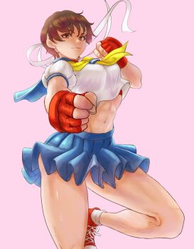 1girl blue_sailor_collar blue_skirt brown_eyes brown_hair capcom closed_mouth converse female_focus fighting_stance fingerless_gloves gloves headband kasugano_sakura matching_hair/eyes mayomakadays midriff navel neckerchief pleated_skirt red_gloves sailor_collar school_uniform shoes short_hair skirt smile sneakers solo street_fighter street_fighter_zero_(series) thighs white_headband yellow_neckerchief
