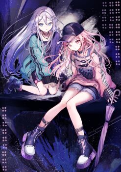 Rule 34 | 1girl, 1other, :o, absurdres, akiyama mizuki, ankle boots, aqua jacket, arm support, bare legs, bare shoulders, baseball cap, black background, black boots, black choker, black hat, black shirt, black shorts, blue eyes, bokutachi no seizon tousou (project sekai), boots, choker, closed mouth, closed umbrella, commentary request, denim, denim shorts, double-parted bangs, double vertical stripe, full body, grey hair, grey tank top, hair between eyes, hair ornament, hat, high heel boots, high heels, highres, jacket, jewelry, kneeling, knees together feet apart, legwear garter, light particles, long hair, long legs, long sleeves, looking at viewer, necklace, off-shoulder shirt, off shoulder, official alternate costume, official alternate hairstyle, open clothes, open jacket, open mouth, pigeon-toed, pink shirt, pipi (pipinavigation), platform boots, project sekai, puffy long sleeves, puffy sleeves, purple jacket, purple umbrella, sekai symphony, shirt, short shorts, shorts, simple background, sitting, sleeves past wrists, straight hair, tank top, umbrella, very long hair, yoisaki kanade