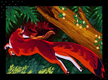 Rule 34 | animal, animal focus, baby animal, black border, black sclera, border, colored sclera, commentary, english commentary, fallen tree, family, fern, flower, fox, full body, highres, kitty (fernwhisker), leaf, looking at viewer, no humans, original, outdoors, parent and child, pawpads, plant, red eyes, signature, solo focus, squirrel, tree, x x, yellow eyes, yellow flower