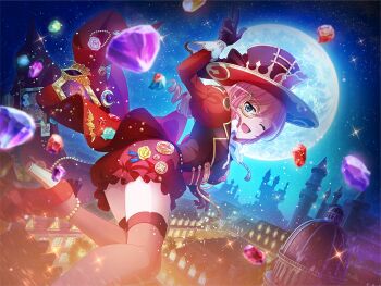 Rule 34 | 1girl, aqua eyes, arsene lupin, arsene lupin (cosplay), black gloves, building, cosplay, drill hair, full moon, game cg, gem, gloves, grey thighhighs, hat, high heels, long sleeves, looking at viewer, monocle, moon, night, official art, one eye closed, open mouth, pink hair, puffy long sleeves, puffy sleeves, red hat, red shoes, red shorts, shoes, shorts, shoujo kageki revue starlight, shoujo kageki revue starlight -re live-, solo, thighhighs, tsuruhime yachiyo, upper body, w