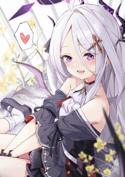 1girl ahoge black_halo black_skirt blue_archive blush breasts chousetsu_(chongvon) commentary_request demon_girl demon_horns demon_wings halo heart highres hina_(blue_archive) horns long_hair low_wings open_mouth purple_eyes sitting skirt small_breasts solo very_long_hair white_hair wings