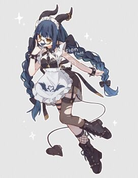 1girl :p ankle_boots apron artist_name belt_collar black_boots black_bow black_collar black_dress black_horns black_thighhighs blue_hair blunt_bangs boots bow bracelet braid breasts collar collarbone commentary commission demon_girl demon_horns demon_tail dot_nose dress ear_piercing english_text frilled_apron frills full_body garter_straps glasses grey_background hair_bow hand_up head_tilt headdress highres horns index_finger_raised jewelry jitome komerina light_blush long_hair looking_at_viewer low_twin_braids maid maid_apron maid_headdress multiple_hair_bows original piercing pointy_ears print_apron semi-rimless_eyewear short_dress sidelocks signature simple_background single_garter_strap sleeveless sleeveless_dress small_breasts smile solo spiked_bracelet spikes standing standing_on_one_leg star_(symbol) tail tail_ornament tail_piercing teasing thighhighs tongue tongue_out torn_clothes torn_thighhighs twin_braids unconventional_maid under-rim_eyewear very_long_hair waist_apron white_apron white_headdress yellow_eyes