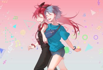 2girls aqua_shirt bag bare_legs black_bow black_overalls blue_bag blue_hair bow bracelet closed_eyes commentary_request crossbody_bag denim denim_shorts fang fanny_pack gradient_background hair_bow highres holding_hands interlocked_fingers jewelry light_blush long_hair mahou_shoujo_madoka_magica mahou_shoujo_madoka_magica_(anime) miki_sayaka multiple_girls musical_note official_alternate_costume open_mouth overalls ponytail red_hair red_shirt riyu_qvq sakura_kyoko shirt short_hair short_sleeves shorts shoulder_bag smile star_(symbol) t-shirt walking