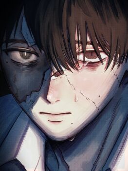 Rule 34 | 1boy, black hair, broken mask, close-up, closed mouth, collared shirt, commentary request, cracked kawaii mask, cracked mask, grey eyes, highres, hikaru ga shinda natsu, looking at viewer, male focus, mask, mole, mole on cheek, mole under eye, mole under mouth, multiple moles, n7ko art, shirt, slit pupils, solo, tears, tsujinaka yoshiki, white shirt