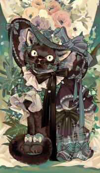 animal animal_focus ankle_garter black_capelet black_cat blue_skirt bow capelet cat clothed_animal floral_background flower frilled_skirt frills full_body green_bow green_hat hat hat_bow hat_flower leaf looking_at_viewer no_humans original pink_flower pink_rose plaid_clothes plaid_skirt polka_dot polka_dot_bow rose sitting skirt solo tonbippo08 whiskers yellow_eyes