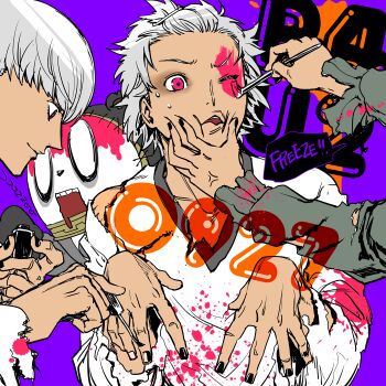 Rule 34 | 2boys, applying makeup, black nails, blood, hair up, halloween, hanamura yousuke, kuma (persona 4), makeup, male focus, multiple boys, nail polish, narukami yu, paintbrush, persona, persona 4, pink blood, pink eyes, saitou rokuro, satonaka chie, white hair, wince