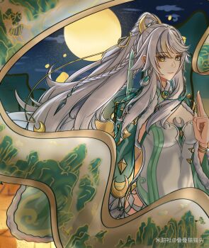 1girl absurdres bracelet braid breasts bright_pupils chinese_clothes chinese_commentary commentary_request diedie_maoguantou dress earrings full_moon genshin_impact grey_hair hair_ornament high_ponytail highres jewelry lantern long_hair looking_at_viewer miyoushe_watermark moon night paper_lantern ponytail sky sky_lantern smile solo very_long_hair watermark white_dress white_hair white_pupils yellow_eyes zibai_(genshin_impact)
