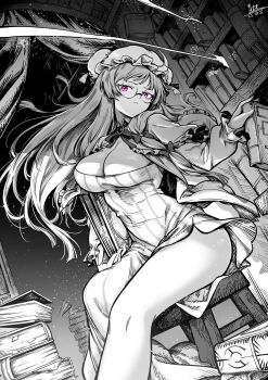 1girl adapted_costume book book_stack bookshelf breasts cape capelet chair cleavage covered_navel crescent crescent_hat_ornament embodiment_of_scarlet_devil frilled_capelet frills hat hat_ornament highres large_breasts legs library limited_palette long_hair long_sleeves mob_cap monochrome patchouli_knowledge purple_eyes qingwa_chi_she round_eyewear side_slit sitting solo stool touhou traditional_media upper_body very_long_hair
