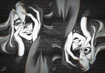 2boys androgynous ashiya_douman_(fate) asymmetrical_hair au_(d_elete) black_eyes black_hair crazy_eyes crazy_smile curly_hair dual_persona earrings evil_smile eyelashes fate/grand_order fate_(series) fingernails hair_between_eyes hair_intakes hands_on_own_face horror_(theme) japanese_clothes jewelry jitome kimono long_hair magatama magatama_earrings multicolored_hair multiple_boys onmyouji open_clothes open_kimono sharp_fingernails signature smile static sweat two-tone_hair very_long_fingernails very_long_hair white_hair