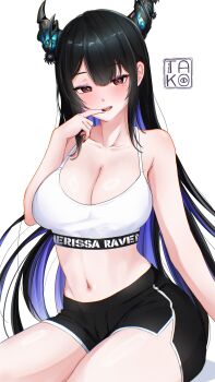 1girl absurdres asymmetrical_horns black_hair black_shorts blue_hair breasts character_name cleavage colored_inner_hair commentary flower hand_up highres hololive hololive_english horn_flower horns large_breasts long_hair looking_at_viewer mole mole_under_eye multicolored_hair navel nerissa_ravencroft open_mouth purple_eyes short_shorts shorts sidelocks simple_background sitting slit_pupils solo sports_bra stomach straight_hair takoroki teeth uneven_horns upper_teeth_only very_long_hair virtual_youtuber white_background white_sports_bra