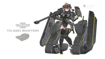 1girl absurdres anti-tank_gun armor_skirt artist_name black_bodysuit black_boots black_gloves black_thighhighs blonde_hair blue_eyes bodysuit boots breasts cannon caterpillar_tracks covered_erect_nipples covered_navel english_text gloves gun hatch head-mounted_display headset helldivers_(series) highleg highres holding holding_gun holding_weapon impossible_bodysuit impossible_clothes impossible_leotard large_breasts leotard long_sleeves looking_at_viewer lower_teeth_only mecha_musume military_vehicle motor_vehicle navel open_mouth original personification shell_casing sherman_(egnk2525) short_hair shoulder_cannon signature simple_background skin_tight skull solo tank td-220_bastion teeth thighhighs vehicle_name weapon white_background