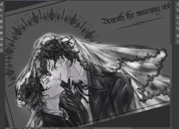 2boys ajsaart amon_(lord_of_the_mysteries) art_program_in_frame black_coat black_hair coat collared_shirt english_text greyscale hashtag-only_commentary highres klein_moretti looking_at_another lord_of_the_mysteries male_focus monochrome multiple_boys narrowed_eyes neck_ribbon ribbon screencap shared_veil shirt short_hair smirk upper_body white_shirt