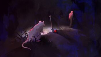 Rule 34 | 1other, absurdres, angela he, dark, flower, full body, glowing, highres, mouse (animal), night, non-web source, official art, planted, planted shovel, rose, scenery, shovel, solo, stop burying me alive beautiful!, walking away, wide shot