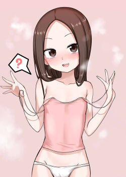 1girl :d ? blush brown_background brown_eyes brown_hair camisole collarbone fang flat_chest forehead groin highres karakai_jouzu_no_takagi-san loli long_hair looking_at_viewer note2000 open_mouth panties parted_bangs pink_camisole pulling_own_clothes smile solo spoken_question_mark steam strap_pull takagi-san underwear underwear_only white_panties