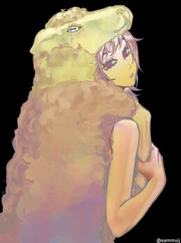 1girl black_background chainsaw_man commentary english_commentary fami_(chainsaw_man) highres looking_at_viewer looking_back mole mole_under_eye open_mouth purple_eyes purple_hair sammuij sheep simple_background solo tears