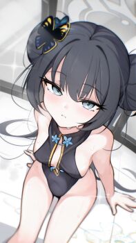 1girl absurdres bare_shoulders black_hair black_leotard blue_archive blush breasts butterfly_hair_ornament cleavage cleavage_cutout clothing_cutout commentary_request double_bun grey_eyes grey_halo hair_between_eyes hair_bun hair_ornament halo hands_on_ground highleg highleg_leotard highres kisaki_(blue_archive) leotard long_hair looking_at_viewer looking_up medium_breasts nezumin sideboob sitting sleeveless solo sweat thighhighs thighs tile_floor tiles water