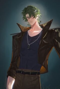 Rule 34 | 1boy, arms at sides, backlighting, bags under eyes, belt, black belt, black shirt, blue background, bright pupils, brown jacket, brown pants, chain, chain necklace, cheek tattoo, chinese commentary, chromatic aberration, closed mouth, collarbone, collared jacket, commentary request, covered abs, covered navel, covered pectorals, cowboy shot, curtained hair, double-parted bangs, flipped hair, frown, gatling pea (plants vs. zombies), green eyes, green hair, grey outline, hair between eyes, highres, jacket, jewelry, lips, long sleeves, looking at viewer, male focus, muscular, muscular male, necklace, open clothes, open jacket, outline, pants, pectorals, personification, plant, plants vs. zombies, shirt, short hair, siiiiiiiiiii, silver necklace, simple background, solo, standing, tattoo, thick eyebrows, vignetting, yellow pupils