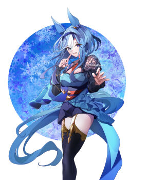 1girl absurdres admire_groove_(umamusume) animal_ears black_sleeves black_thighhighs blue_dress blue_hair blush breasts cleavage commentary_request detached_sleeves dress ear_covers garter_straps hairband highres horse_ears horse_girl horse_tail large_breasts long_hair looking_at_viewer mole mole_under_mouth multicolored_hair necktie no_heterochromia parted_lips purple_eyes red_necktie see-through_clothes see-through_sleeves smile solo streaked_hair tail thighhighs umamusume white_hair white_streaks yuu46464949