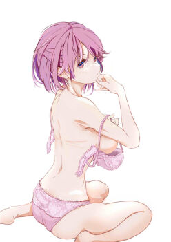 1girl ass bare_legs barefoot blush bra breasts character_request check_character closed_mouth commentary_request giuseppe_garibaldi_(kancolle) hand_up kantai_collection large_breasts panties pink_bra pink_hair pink_panties red_eyes rizzl simple_background sitting solo underwear undressing wariza white_background