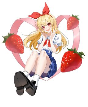 1girl :d absurdres aikatsu! aikatsu!_(series) blonde_hair blue_skirt commentary_request food fruit full_body hands_up harbet highres hoshimiya_ichigo loafers long_hair looking_at_viewer miniskirt open_mouth pleated_skirt red_eyes sailor_collar school_uniform serafuku shirt shoes short_sleeves sitting skirt smile socks solo starlight_academy_school_uniform strawberry summer_uniform white_background white_sailor_collar white_shirt white_socks