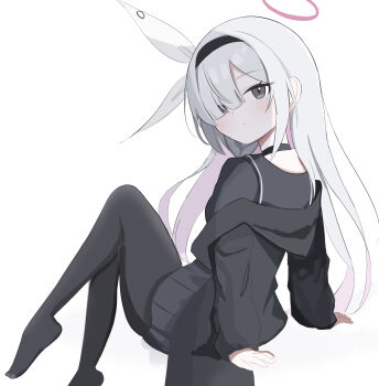 Rule 34 | 1girl, black choker, black hairband, black pantyhose, blue archive, choker, commentary, hair over one eye, hairband, halo, highres, long hair, looking at viewer, pantyhose, plana (blue archive), red halo, school uniform, si shirono, sitting, skirt, solo, white background, white hair