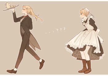 1boy 1girl ? ?? alternate_costume apron arm_behind_back ascot axis_powers_hetalia back_bow black-framed_eyewear black_dress black_jacket black_pants blonde_hair blush boots border bow brown_background brown_boots brown_shoes butler buttons closed_eyes closed_mouth collared_dress commentary_request crossdressing crossdressing_(ftm) crossdressing_(mtf) cup dress dual_persona enmaided floating_hair formal_clothes frills full_body gem genderswap genderswap_(mtf) glasses gloves green_eyes green_gemstone grey_vest hair_ornament hand_up hat hat_ribbon holding holding_tray jacket jewelry juliet_sleeves kettle lapels long_hair long_sleeves looking_at_another maid mini_hat mob_cap ninonuko open_mouth pants pendant puffy_sleeves ribbon see-through_clothes semi-rimless_eyewear shirt shoes short_hair simple_background smile socks standing striped_clothes striped_vest suit suit_jacket sweatdrop tray twintails united_kingdom_(female)_(hetalia) united_kingdom_(hetalia) v-shaped_eyebrows vertical-striped_clothes vertical-striped_vest vest waist_apron walking white_apron white_ascot white_border white_bow white_gloves white_hat white_ribbon white_shirt white_socks x_hair_ornament