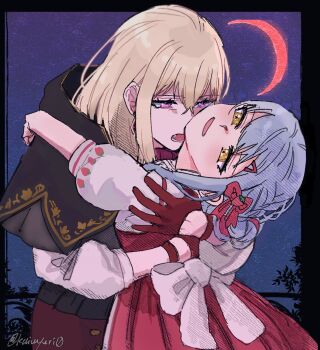 2girls aver_(yumenokessho) bang_dream! black_capelet blonde_hair blue_hair bow capelet commentary crescent_moon doloris_(bang_dream!) fang gloves hair_bow halloween medium_hair misumi_uika moon multiple_girls penguinbu pink_bow pink_skirt purple_eyes red_gloves red_moon shirt skirt suspender_skirt suspenders sweets_paradise symbol-only_commentary togawa_sakiko vampire white_shirt yellow_eyes yumenokessho yuri