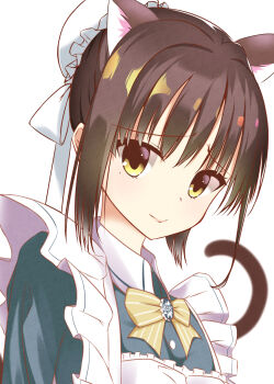 1girl absurdres animal_ears apron black_hair bow bowtie bun_cover cafe_stella_to_shinigami_no_chou cat_ears cat_girl cat_tail closed_mouth commentary_request extra_ears eyelashes frilled_apron frills furrowed_brow hair_between_eyes hair_bun highres kemonomimi_mode lips looking_at_viewer maid maid_apron medium_hair mole mole_under_eye shiki_natsume sidelocks simple_background single_hair_bun smile solo sukonbu385 tail upper_body vertical-striped_bowtie watermark white_apron white_background yellow_bow yellow_bowtie yellow_eyes