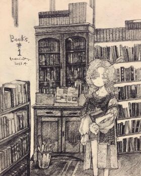 1girl bare_legs book book_stack bookshelf bucket cabinet closed_eyes closed_mouth collar commentary_request curly_hair dated dress english_text expressionless feet_out_of_frame frilled_collar frills graphite_(medium) hair_ornament highres holding holding_book indoors karintoun library long_hair long_skirt long_sleeves original pale_skin parted_bangs puffy_long_sleeves puffy_sleeves rug sidelocks signature skirt solo standing straight-on traditional_media wavy_hair