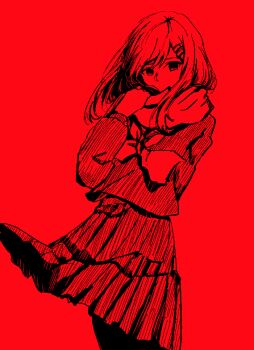 1girl covered_mouth enpera feet_out_of_frame hair_ornament hairclip hatching_(texture) kagerou_project linear_hatching long_sleeves looking_at_viewer monochrome neckerchief pleated_skirt red_background red_theme reiji_(roze_4293) scarf school_uniform serafuku shirt simple_background skirt solo standing tateyama_ayano wind