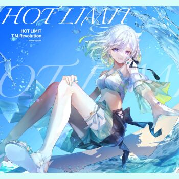 1girl bare_shoulders bikini black_shorts blue_sky braid breasts cleavage commentary_request commission earrings gradient_hair green_hair highres jewelry medium_breasts medium_hair multicolored_hair purple_eyes sandals seisaiminty shorts single_earring sky solo swimsuit virtual_youtuber water watermark white_bikini white_hair white_sandals yuni_(yuni_channel) yuni_channel