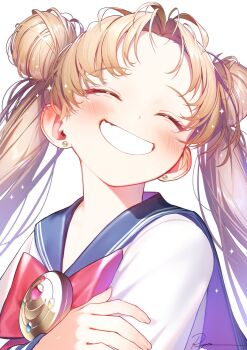 Rule 34 | 1girl, ^ ^, bishoujo senshi sailor moon, blonde hair, blue sailor collar, blush, bow, bowtie, closed eyes, double bun, grin, hair bun, highres, long hair, parted bangs, portrait, red bow, red bowtie, ryota (ry o ta), sailor collar, shirt, signature, simple background, smile, solo, tsukino usagi, twintails, white background, white shirt