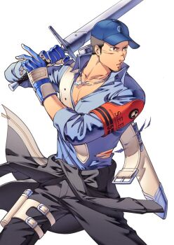 Rule 34 | 1boy, bara, baseball cap, black hair, black jacket, black pants, blood, blue gloves, blue hat, blue shirt, clothes around waist, collarbone, collared shirt, commentary request, facial hair, gekkoukan high school uniform, gloves, goatee stubble, hat, holding, holding sword, holding weapon, holster, iori junpei, jacket, jacket around waist, jewelry, long sleeves, looking ahead, male focus, muscular, muscular male, necklace, oldkin, open mouth, pants, partially unbuttoned, pectoral cleavage, pectorals, persona, persona 3, persona 3 reload, school uniform, scratches, shirt, short hair, shoulder holster, simple background, solo, stubble, sword, thigh holster, torn clothes, torn pants, torn shirt, weapon, white background