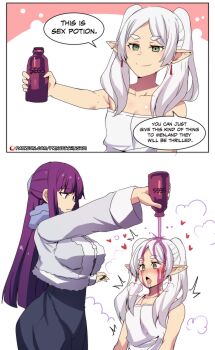 2girls 3koma absurdres black_coat black_outline blunt_bangs blush bottle breasts butterfly_hair_ornament cleavage closed_mouth coat collarbone comic commentary cropped_jacket drooling earrings elf english_commentary english_text fern_(sousou_no_frieren) frieren fur-trimmed_jacket fur_trim green_eyes hair_ornament heart heart-shaped_pupils highres hinghoi holding holding_bottle hood hooded_coat instant_loss jacket jewelry light_smile long_coat long_hair looking_at_another looking_down meme mouth_drool multiple_girls official_alternate_costume open_mouth outline outstretched_arm parted_bangs patreon_username pointy_ears potion pouring_onto_another purple_eyes purple_hair saliva seggs_(meme) segmented_comic sidelocks small_breasts smoke smoking sousou_no_frieren speech_bubble steaming_body straight_hair symbol-shaped_pupils tank_top twintails white_background white_hair white_jacket white_tank_top winter_clothes winter_coat