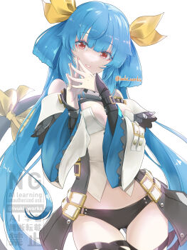1girl absurdres aqua_hair artist_name black_panties bloom breasts commentary_request dizzy_(guilty_gear) eyebrows_hidden_by_hair gluteal_fold guilty_gear guilty_gear_xrd hair_ribbon hair_rings highres ivuki lips long_hair looking_at_viewer medium_breasts open_mouth own_hands_together panties red_eyes ribbon simple_background smile solo thick_eyelashes twintails underwear very_long_hair white_background yellow_ribbon