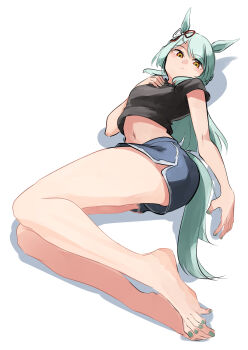 1girl absurdres animal_ears barefoot black_shirt blue_shorts commentary_request dolphin_shorts ear_ornament fujimasa_march_(umamusume) full_body green_hair green_nails highres horse_ears horse_girl horse_tail kakuteru_sudachi long_hair looking_at_viewer multicolored_eyes nail_polish red_eyes shirt shorts simple_background solo t-shirt tail toenail_polish toenails toes two-tone_eyes umamusume white_background yellow_eyes
