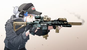 1girl aiming alternate_costume assault_rifle baseball_cap black_gloves black_hat black_jacket black_pants brown_background closed_mouth commentary dot_mouth ear_protection finger_on_trigger fingerless_gloves from_side girls&#039;_frontline gloves gradient_background green_eyes gun h&amp;k_hk416 hair_ornament hat highres hk416_(girls&#039;_frontline) holding holding_gun holding_weapon hood hooded_jacket jacket jiwon_(sj1) pants rifle sight_magnifier simple_background solo suppressor upper_body weapon white_background white_hair