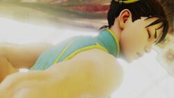 1boy 1girl 3d animated ass bare_shoulders blue_bodysuit blue_unitard bodysuit bouncing_ass bracelet brown_hair buttjob capcom chinese_clothes chun-li clothed_female_nude_male dark-skinned_male dark_skin girl_on_top grabbing_another's_waist hand_on_another's_waist hetero highres huge_ass indoors interracial jewelry kishi3d nude penis short_hair spiked_bracelet spikes street_fighter street_fighter_zero_(series) thick_thighs thighs uncensored unitard video