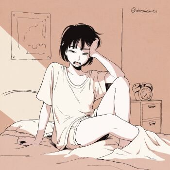 1girl alarm_clock arm_support bed breasts clock commentary_request doromamizu drawer greyscale highres monochrome open_mouth original pillow shirt short_hair short_shorts shorts small_breasts solo t-shirt twitter_username waking_up yawning