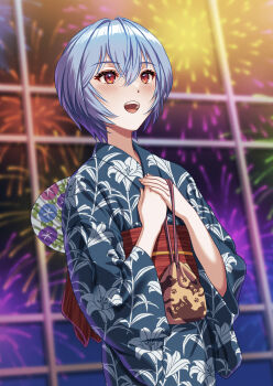 1girl :d absurdres animal_print ayanami_rei bag belt blue_hair blue_kimono blurry blurry_background cat_print commentary depth_of_field eyelashes fireworks floral_print floral_print_kimono hair_between_eyes hand_fan hands_on_own_chest highres holding holding_bag japanese_clothes kimono kinchaku lily_print long_sleeves looking_afar looking_ahead neon_genesis_evangelion night obi obijime open_mouth outdoors own_hands_together paper_fan pouch print_bag print_kimono red_belt red_eyes red_sash reflection sash short_hair smile solo teeth upper_body upper_teeth_only wide_sleeves window yahha yellow_bag