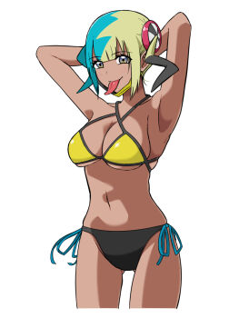 1girl aqua_hair armpits bandeau bare_shoulders bikini black_mask blonde_hair blush breasts canari_(pokemon) center-flap_bangs cleavage criss-cross_halter criss-cross_straps dao_ne-ii39ra42k-3-7 halterneck highres large_breasts legs looking_at_viewer mask mask_pull mouth_mask multicolored_hair navel nintendo pokemon pokemon_legends:_z-a presenting_armpit short_twintails sideboob simple_background smile solo split-color_hair stomach swimsuit thighs thong_bikini tongue tongue_out twintails two-tone_hair two-tone_mask underboob white_background yellow_bikini yellow_mask