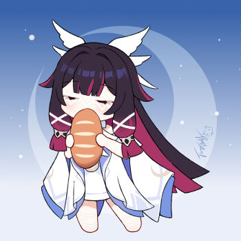 1girl bread chinese_commentary closed_eyes columbina_(genshin_impact) commentary_request deformed food genshin_impact highres holding langbazi multicolored_hair solo variant_set white_mask