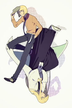 2boys black_necktie black_pants bleach bleach:_turn_back_the_pendulum blonde_hair bob_cut commentary_request crossed_arms dual_persona hakama hand_in_pocket haori hirako_shinji holding japanese_clothes long_hair male_focus multiple_boys necktie nigatsumikka pants rotational_symmetry sandals shihakusho taichou_haori