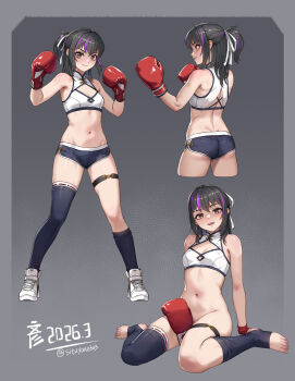 1girl arm_support arms_up artist_name black_hair blue_socks blue_thighhighs bottomless boxing_gloves breasts brown_eyes chinese_commentary commentary_request dated fighting_stance from_behind full_body gradient_background grey_background grin groin hair_ribbon half_updo highres kneehighs long_hair looking_at_viewer micro_shorts multicolored_hair multiple_views navel nya_(yan_(situyan0303)) open_mouth original ponytail purple_hair ribbon shoes shorts single_kneehigh single_sock single_thighhigh sitting small_breasts smile socks sports_bra standing stirrup_legwear stomach streaked_hair thigh_strap thighhighs toeless_legwear two-tone_hair wariza white_shoes white_sports_bra yan_(situyan0303)