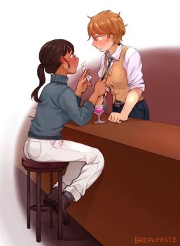 2girls artist_name bar_(place) bar_stool bartender belt belt_buckle black_belt black_pants blush blush_visible_through_hair border brown_hair brown_shoes buckle chadolbaegi clothes_grab cocktail cocktail_glass collared_shirt commentary cup dark-skinned_female dark_skin drinking_glass ear_blush elbow_rest elbows_on_table english_commentary eye_contact glasses grey_neckerchief grey_socks grey_sweater hands_on_table highres holding holding_paper long_hair long_sleeves looking_at_another multiple_girls neckerchief necktie necktie_grab neckwear_grab nose_blush on_stool orange_hair original pants paper parted_lips phone_number ponytail round_eyewear shirt shoes sitting sleeves_rolled_up socks standing stool sweater tomboy turtleneck turtleneck_sweater vest white_border white_pants white_shirt wing_collar yellow_vest yuri