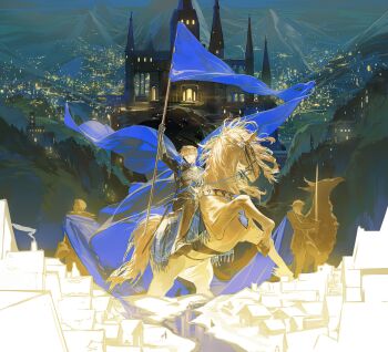 1boy absurdres armor armored_legwear black_armor blonde_hair blue_cape blue_eyes blue_flag cape dimitri_alexandre_blaiddyd fire_emblem fire_emblem:_three_houses flag garreg_mach_monastery_uniform gauntlets gongzuotianxiadiyi highres horse male_focus mountain nintendo riding riding_animal short_hair solo sword weapon