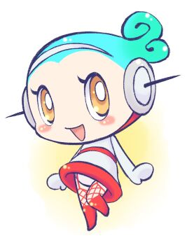 1girl 6th_taf-chan blue_hair blush boots chibi dress fishnet_thighhighs fishnets garter_straps gloves gradient_hair green_hair hairband headphones loli long_sleeves looking_at_viewer multicolored_hair open_mouth panties red_boots red_thighhighs short_hair smile standing standing_on_one_leg taf-chan thighhighs tokyo_international_anime_fair two-tone_hair underwear upskirt white_background white_dress white_gloves white_panties yamanokonza yellow_eyes