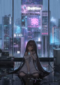 1girl black_eyes black_hair cable catzz city cityscape computer computer_tower dress highres indoors long_hair night off-shoulder_dress off_shoulder original rain reflection scenery short_sleeves sitting solo water white_dress