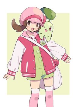 1girl :d alternate_costume bag brown_eyes brown_hair chikorita gen_2_pokemon green_overalls hat highres jacket long_sleeves looking_at_viewer lyra_(pokemon) nintendo official_alternate_color on_shoulder open_clothes open_jacket open_mouth overalls pink_hat pink_thighhighs pokemon pokemon_(creature) pokemon_hgss pokemon_masters_ex pokemon_on_shoulder pumpkinpan shoulder_bag sleeves_past_wrists smile thighhighs twintails white_bag